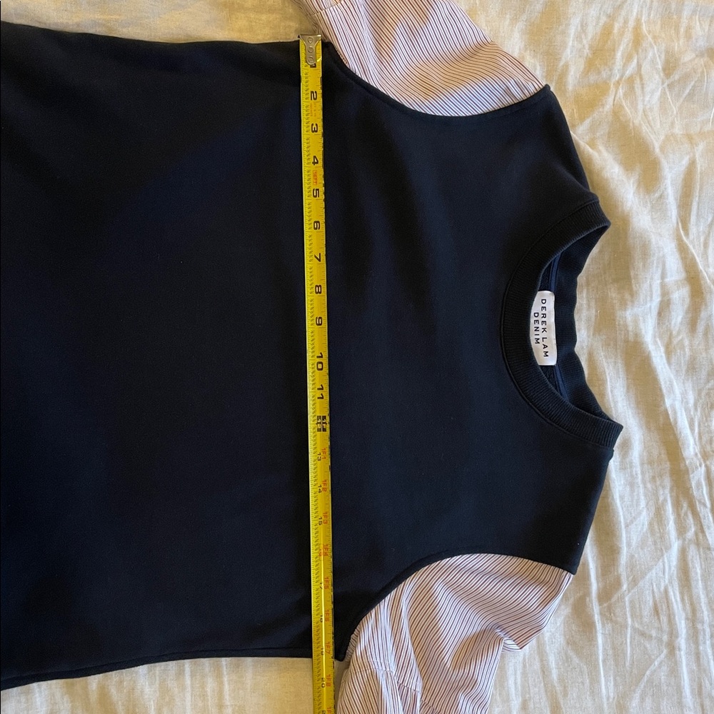 Derek Lam Black Mixed Media Top with Pink Striped Sleeves. - Picture 5 of 8